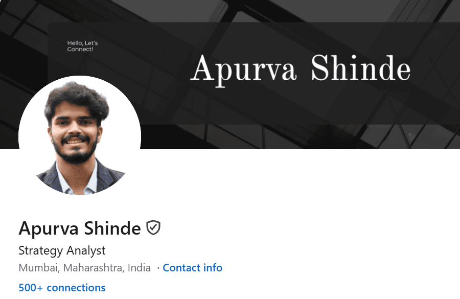 Apurva Shinde's LinkedIn profile header, portrait, and Strategy Analyst role in Mumbai.